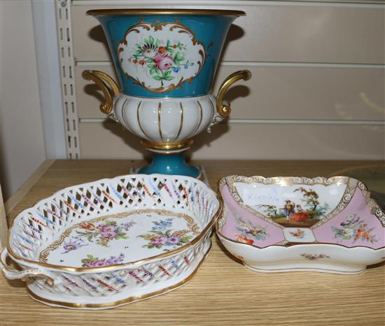 A German porcelain basket, an amphora vase and a Dresden dish